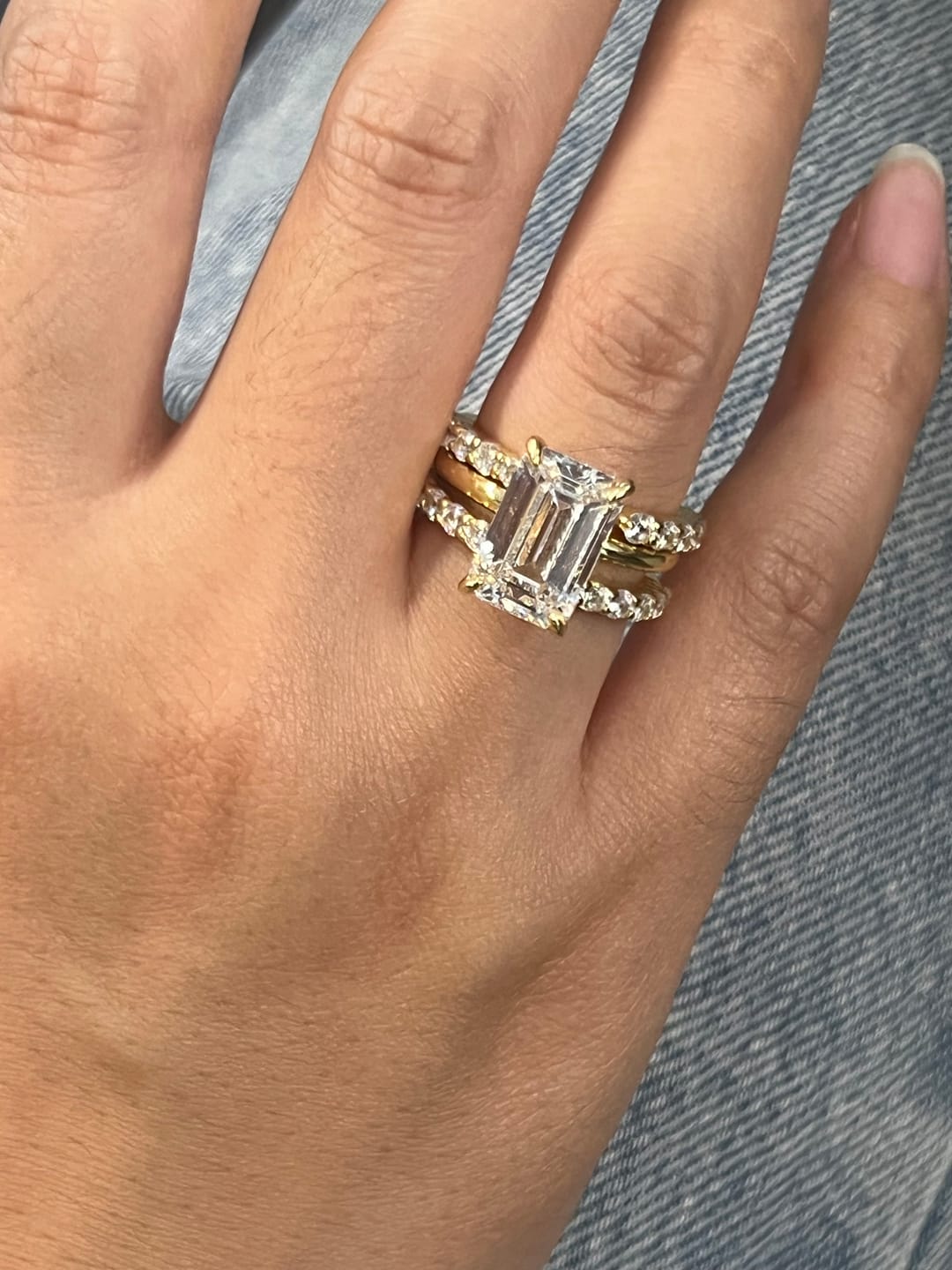 Customer photo review of 3PC 5.0Ct Emerald Cut Wedding Ring Set With Two Open Wedding Bands