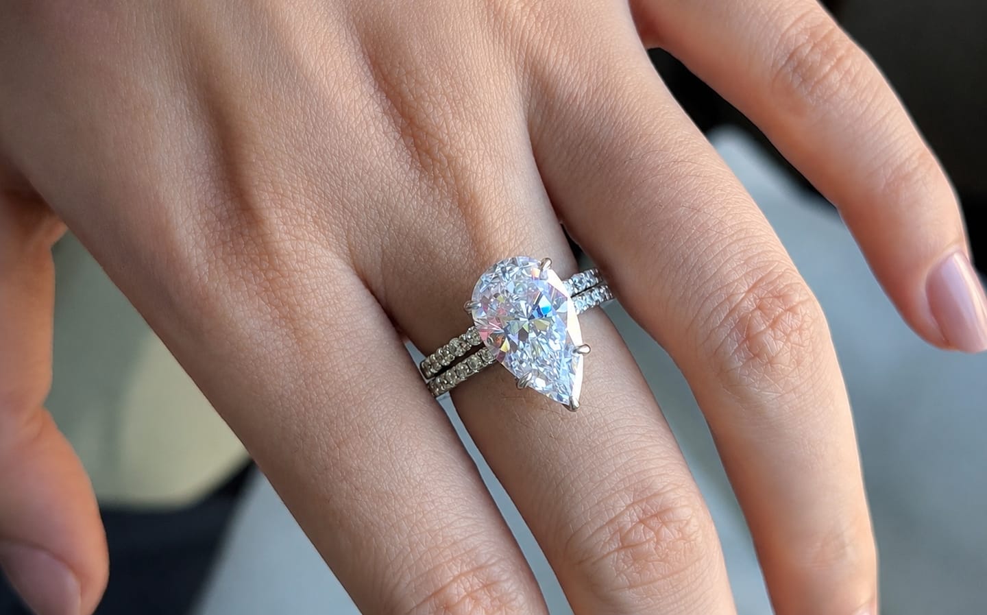 Customer photo review of S925 4.5Ct Pear Cut Wedding Ring & Open Wedding Band Bridal Rings Travel Rings For Her