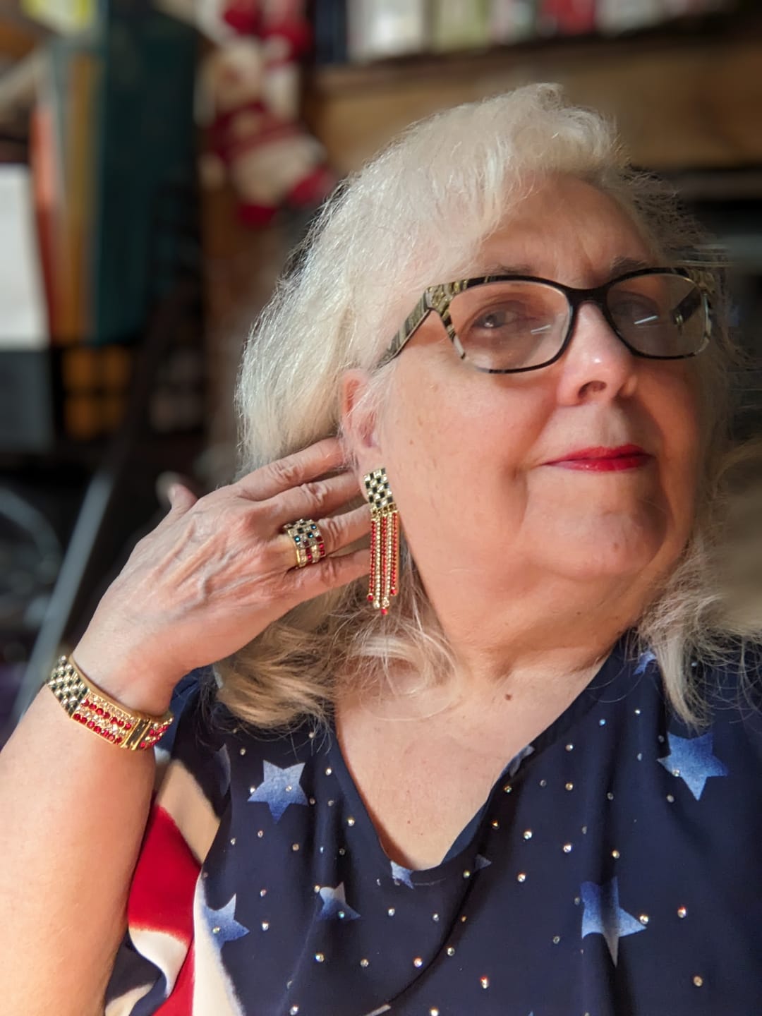 Customer photo review of HEIDI DAUS® “American Sparkle” Red White & Blue Crystal Fringe Dangle Earrings