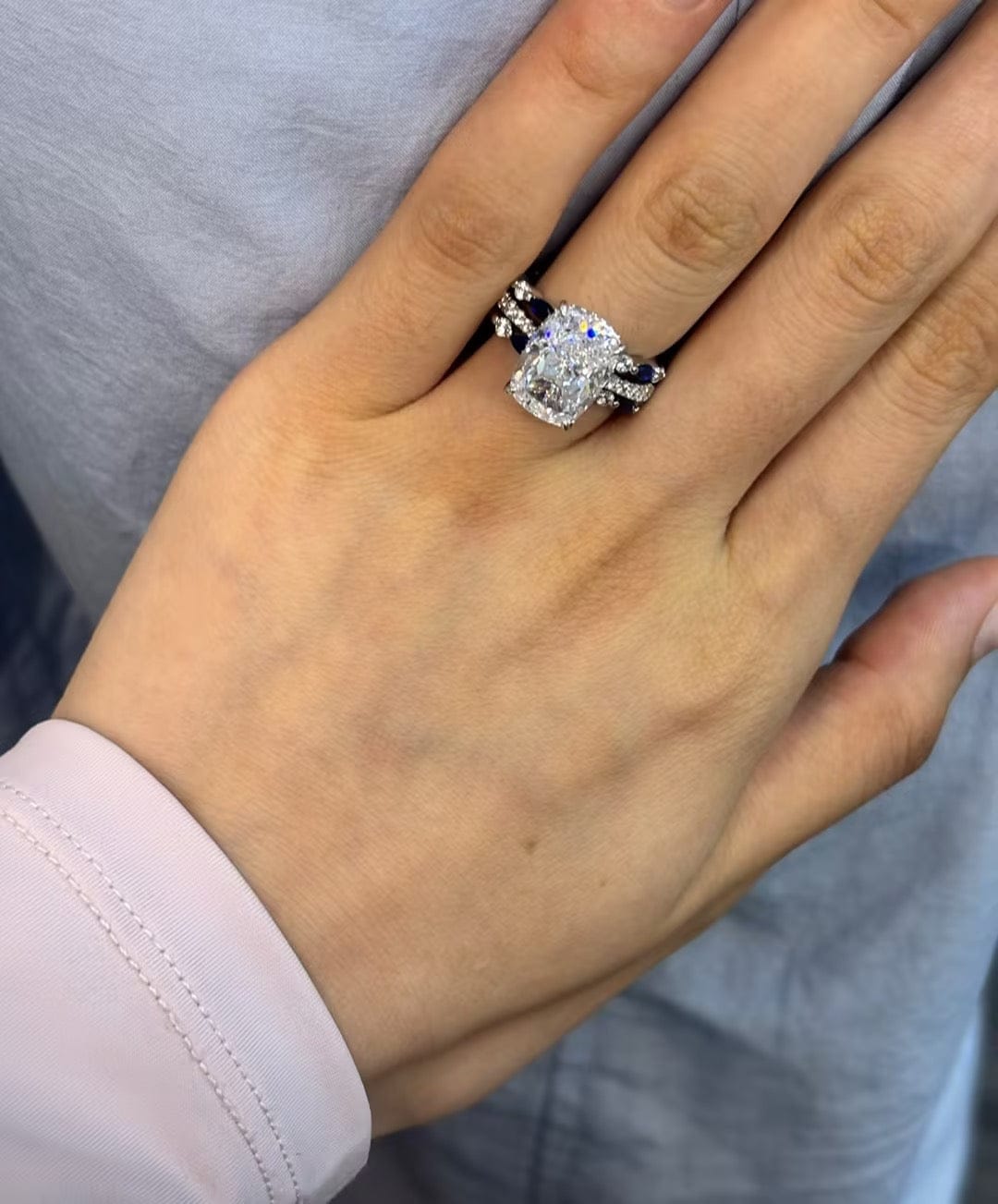 Customer photo review of S925 6.5Ct Cushion Cut Insert Wedding Ring Set With Unique White & Blue/Red Stone Engagement Ring Enhancer