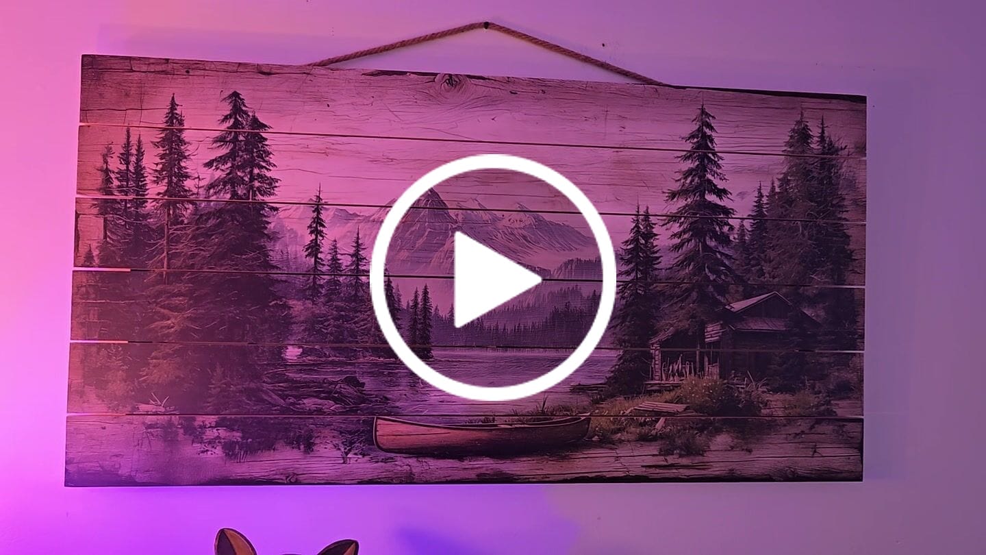 Customer video review of Lake House with Canoe on Mountain Distressed Wood Wall Art