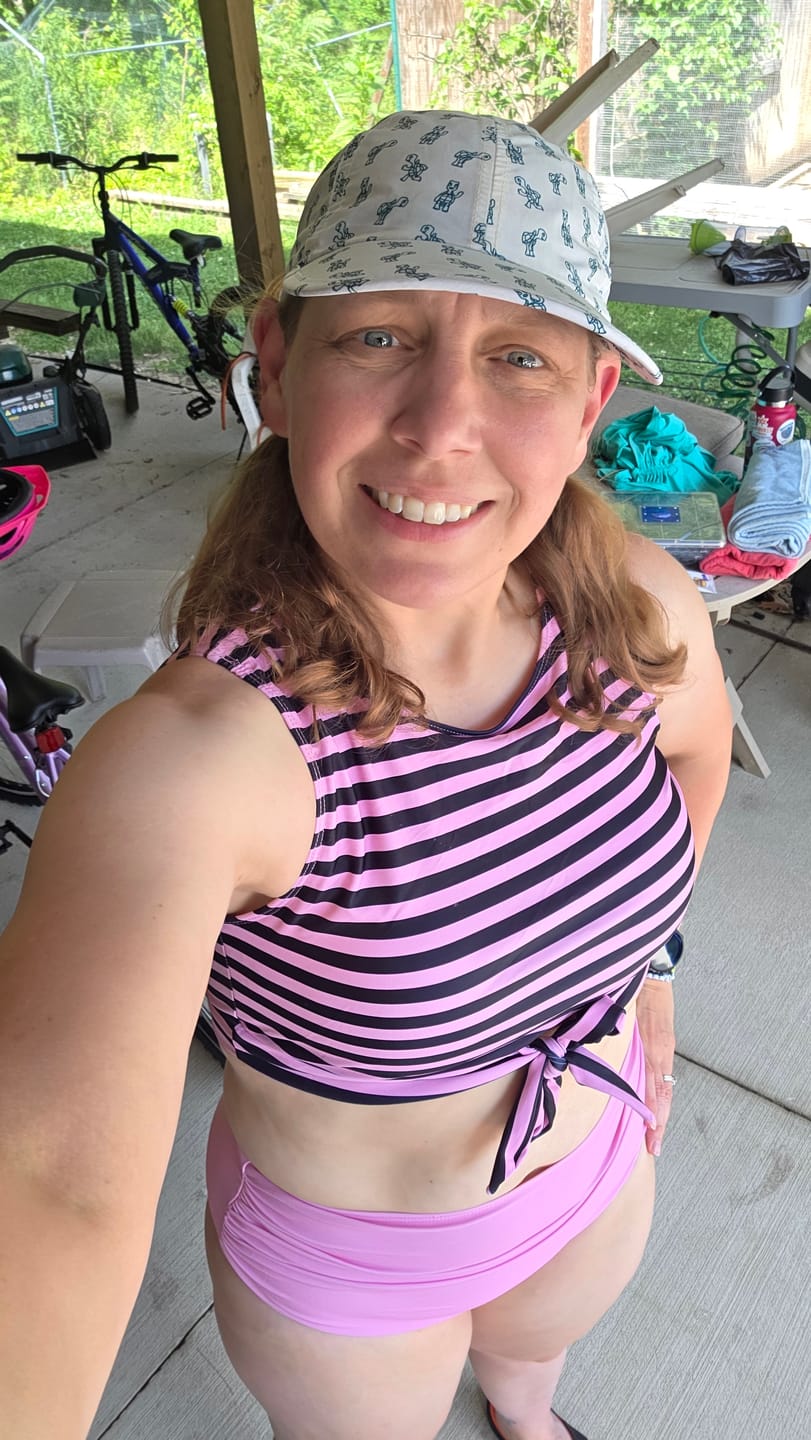 Customer photo review of [US Warehouse] Pink & Black 1970s Striped Waist Tie Patchwork Swimsuit