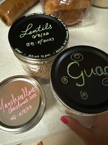 Reviewer's jars with black Chalkboard Top Lids, hand-labeled for 'Lentils' and 'Guac'.