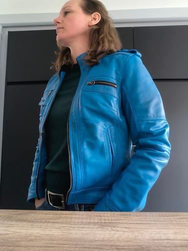 Customer photo: Vivid Blue Biker Jacket, worn by Daisy H.