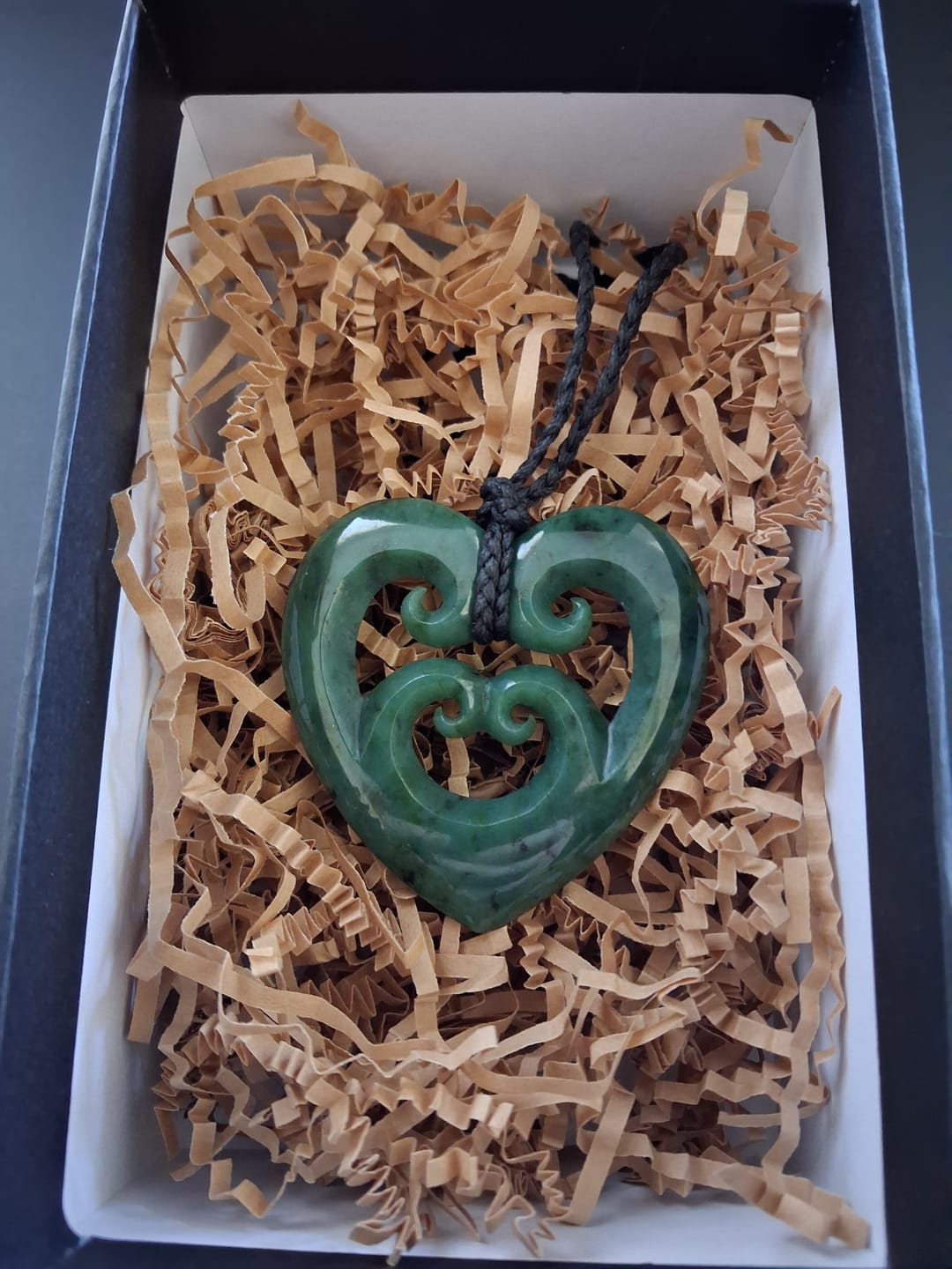 Customer photo review of Medium Genuine NZ Greenstone Heart Necklace with 4 Koru