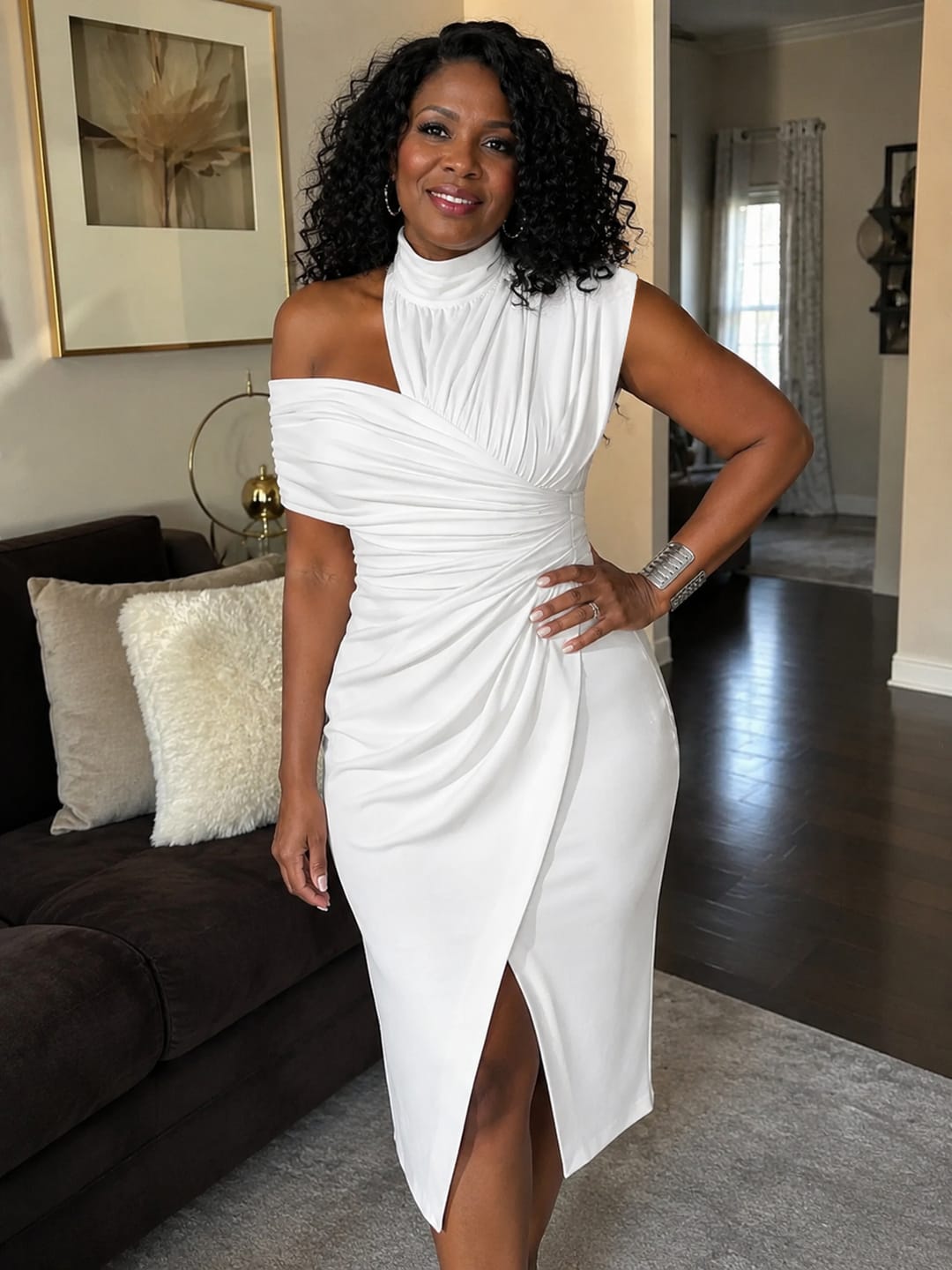 Customer photo review of Solid color One-shoulder Draped Asymmetrical Midi Dress