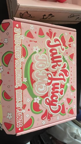 Customer's pink, watermelon-themed P. Louise Budget Box packaging with 'Talk Juicy' text.
