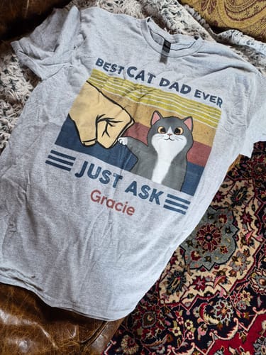 Customer's gray personalized shirt for cat dads featuring a cat fist bump graphic and the name 'Gracie'.