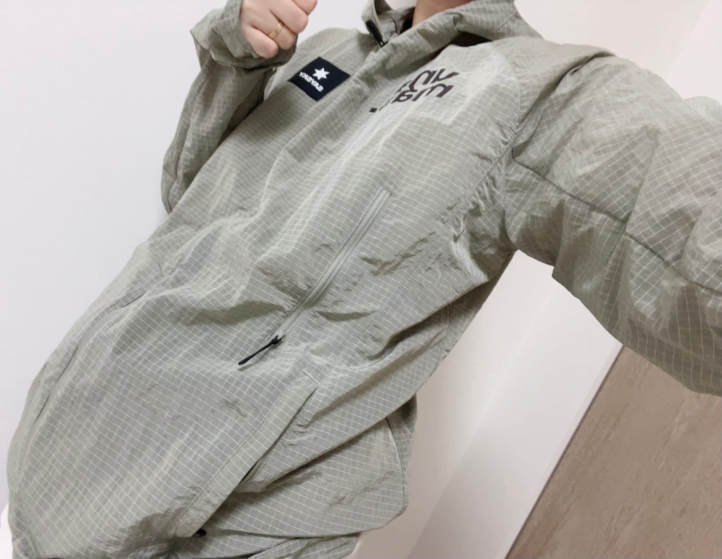 Customer photo review of saysky women clean pace hooded jacket, beige.