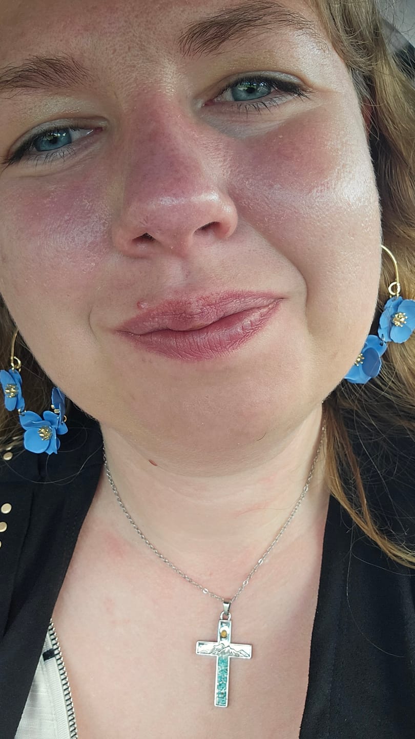 Customer photo review of FREE Today: Mustard Seed Crescent Moon & Cross Necklace: Turquoise Inlay & Silver-Tone Design