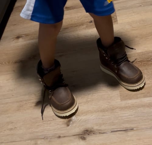 Customer photo review of Hooch Kid's Work Boot Chocolate Moc Toe Boot