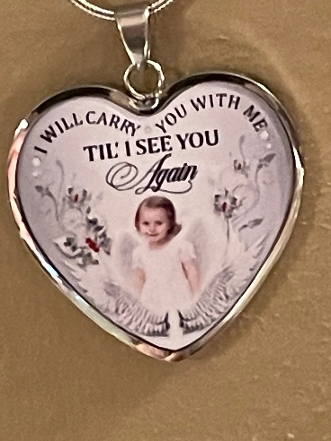 Customer photo review of Custom Photo Memorial Necklace/Keychain "I Will Carry You With Me” - N001