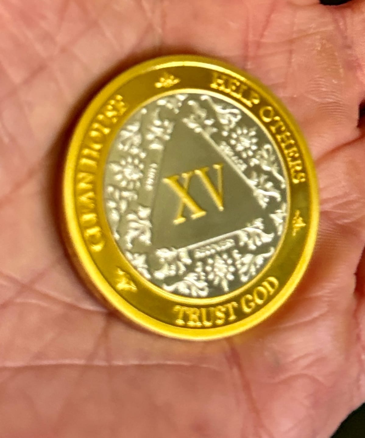 Customer photo review of 15 Year 40mm Gold & Silver AA Medallion - Bi-Plate Fancy Fifteen Year Chip/Coin