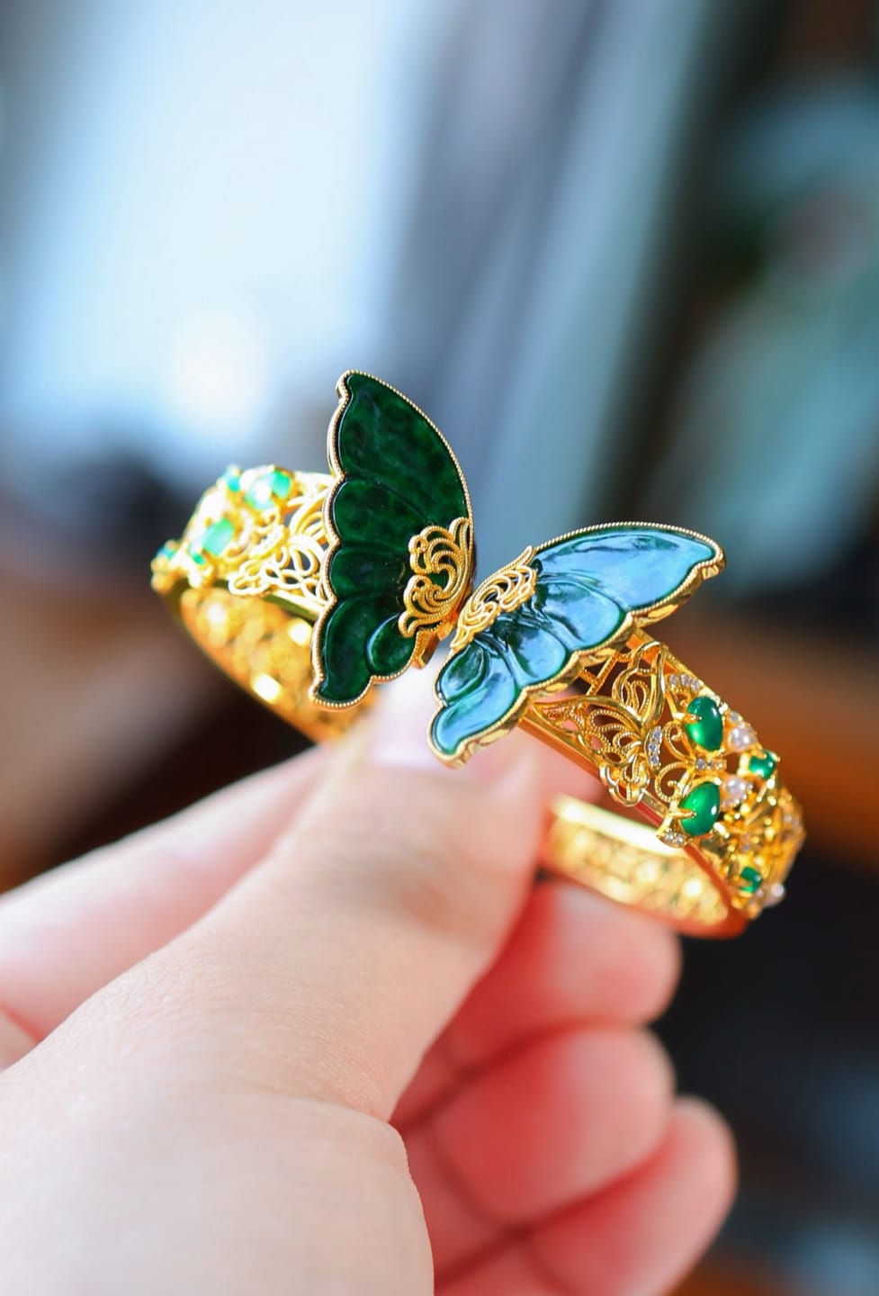 Customer photo review of Gold Vermeil Jadeite Butterfly Bangle