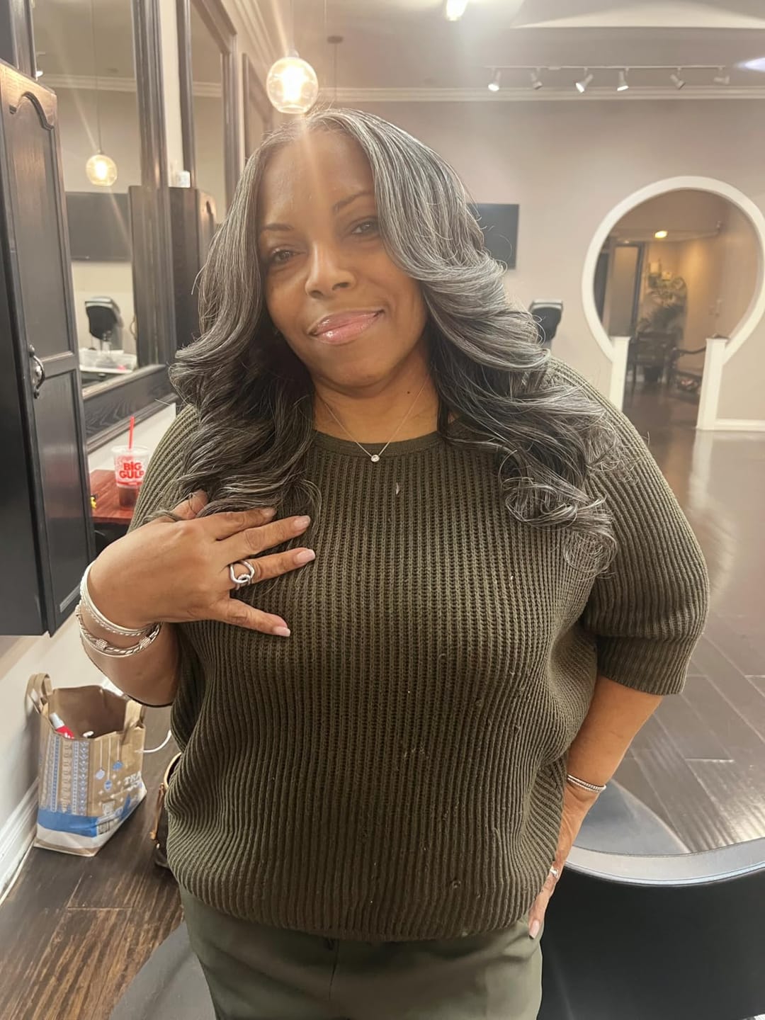 Customer photo review of Luvwin 13x4 Salt And Pepper Wavy Glueless Gray Color Pre-Cut Lace Wig Human Hair