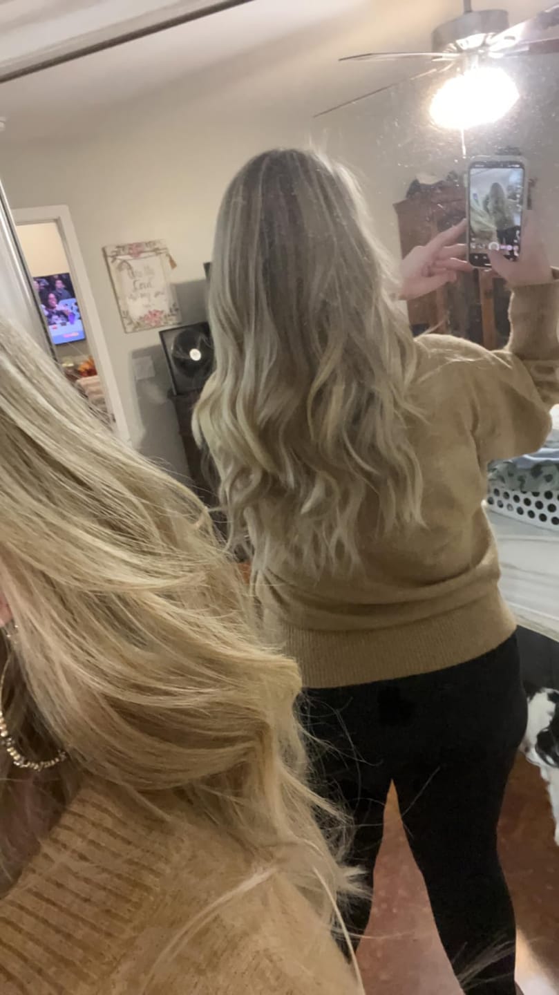 Customer photo review of Virgin Genius Weft Hair Extensions Balayage Blonde #7/7/ICY