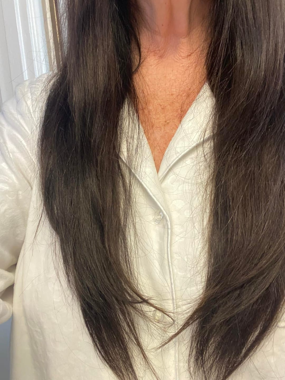 Customer photo review of Full Shine Virgin Genius Weft Hair Extensions Darkest Brown #2