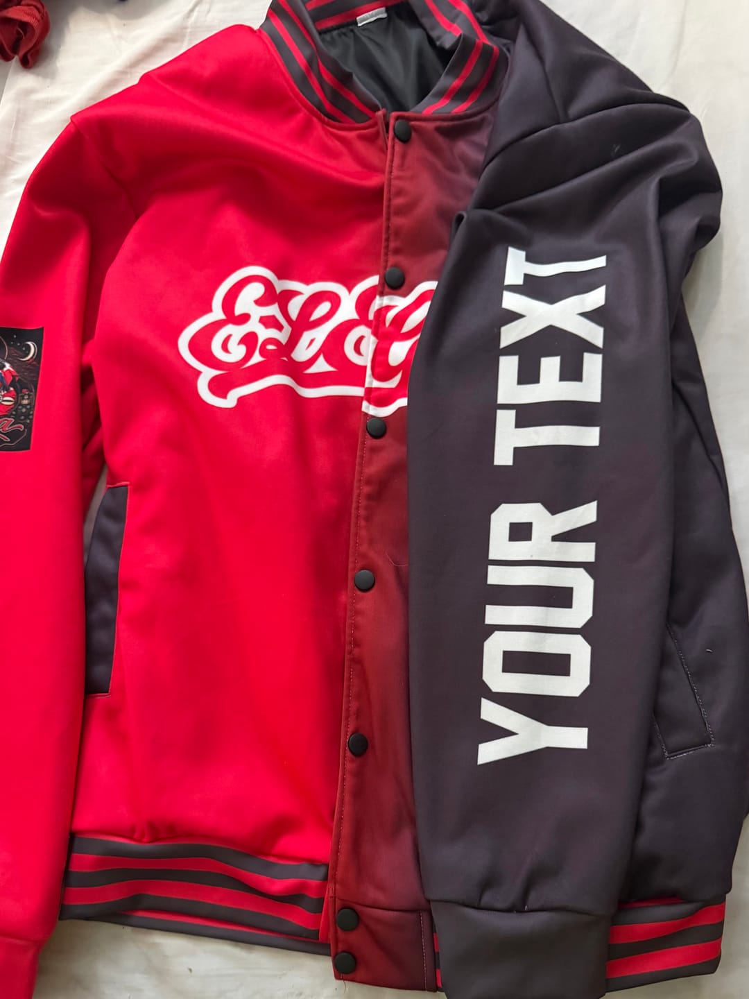 Customer photo review of Custom Varsity Jacket Red and Black Gradient - Design Your Own
