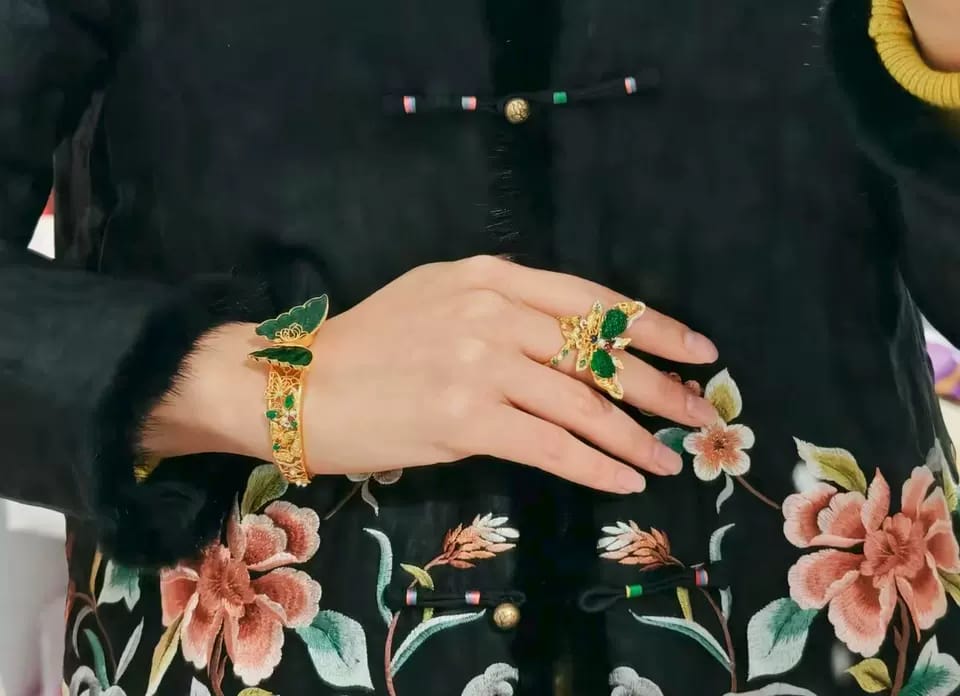 Customer photo review of Gold Vermeil Jadeite Butterfly Bangle