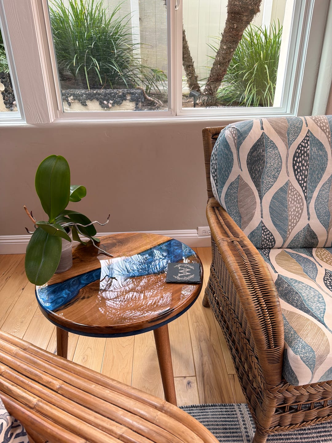 Customer photo review of Live Edge Blue Epoxy River Side Table with Tapered Legs