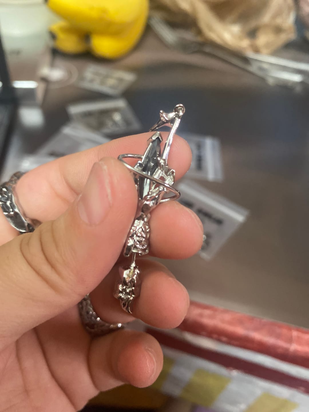 Customer photo review of "Star Trails" Platinum Plated Celestial Star Trail Statement Dangle Earrings