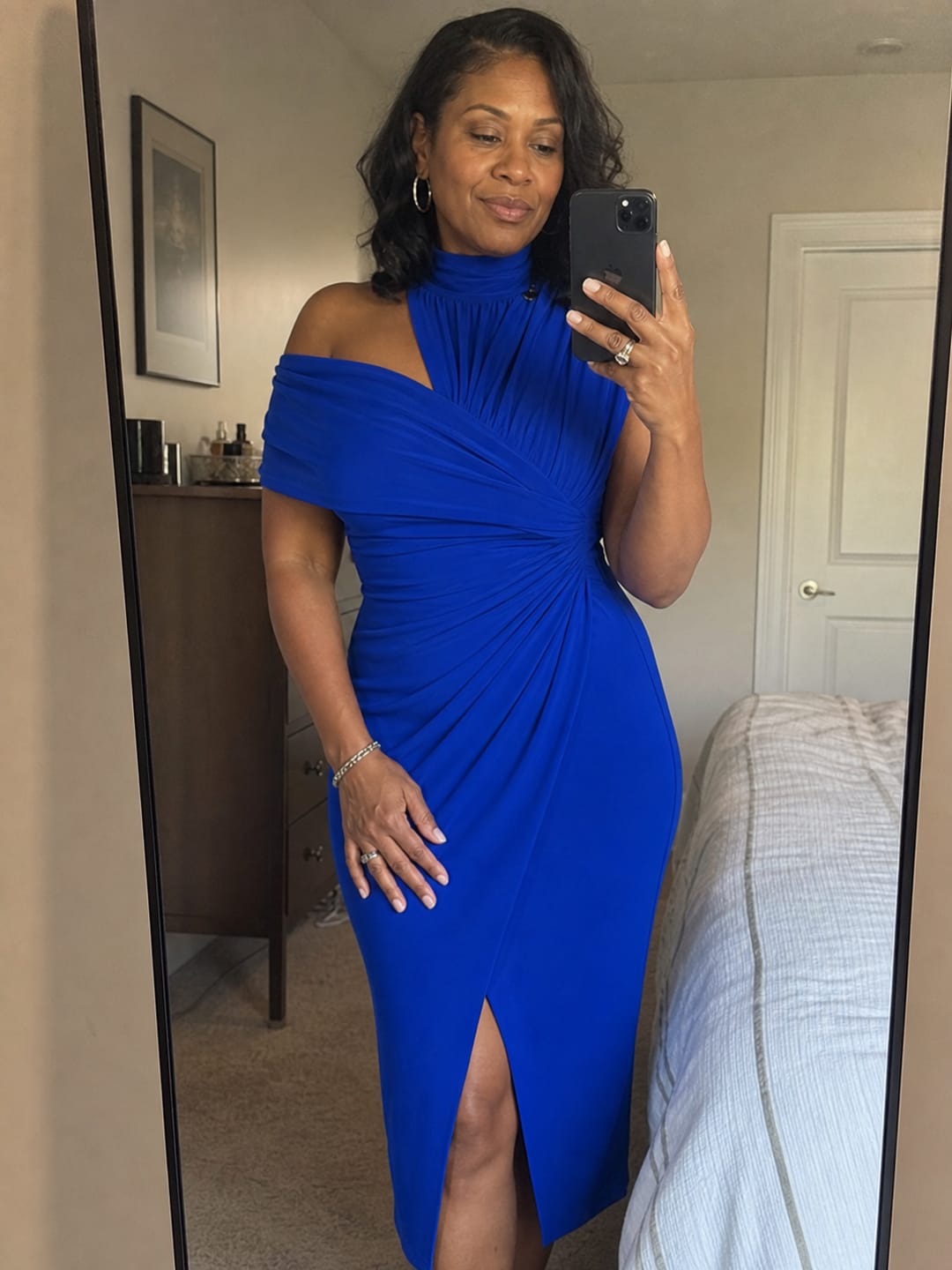 Customer photo review of Solid color One-shoulder Draped Asymmetrical Midi Dress