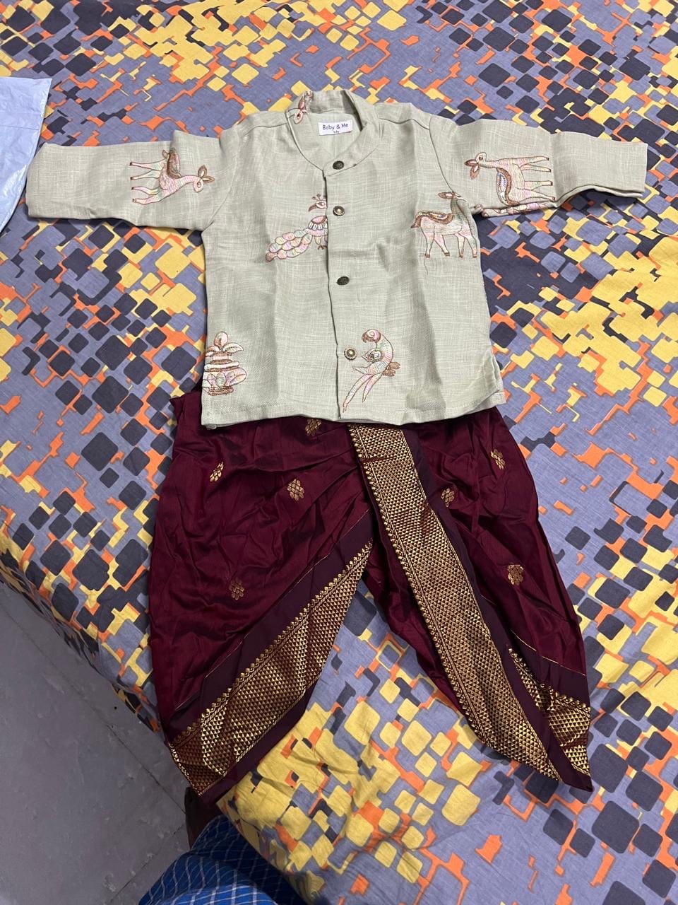 Customer photo review of Pure Linen Pista green Kurta with Maroon Dhoti for baby boy
