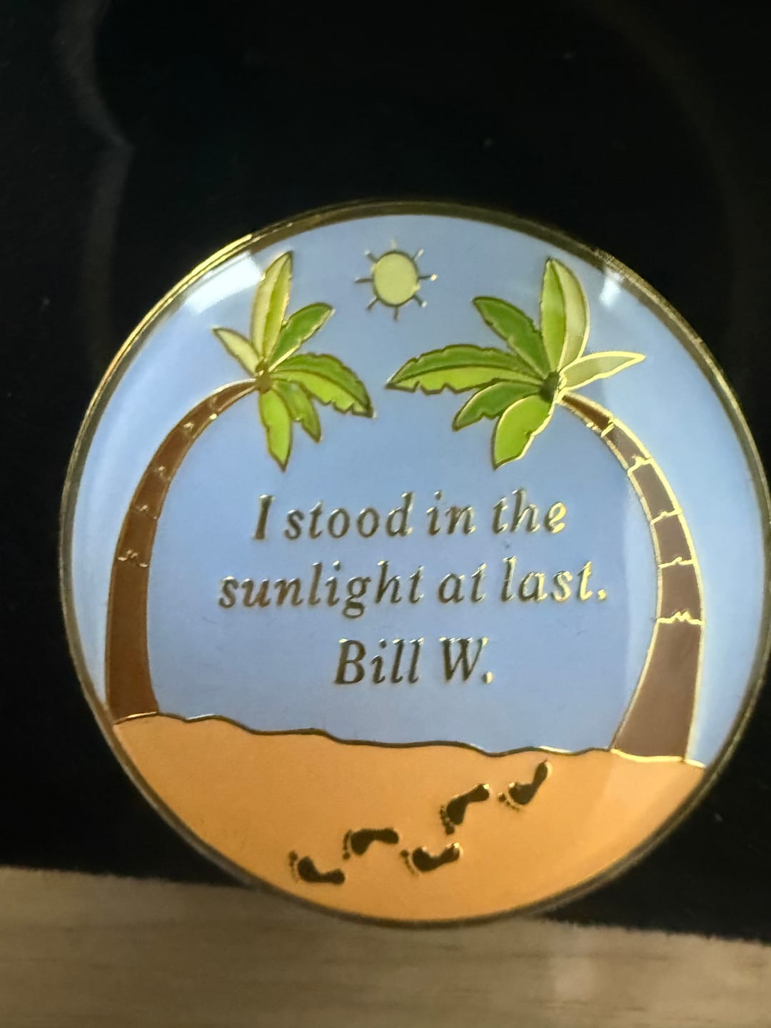 Customer photo review of 50 Year Beach Themed Specialty Tri-Plated AA Recovery Medallion - Fifty Year Chip/Coin + Velvet Case