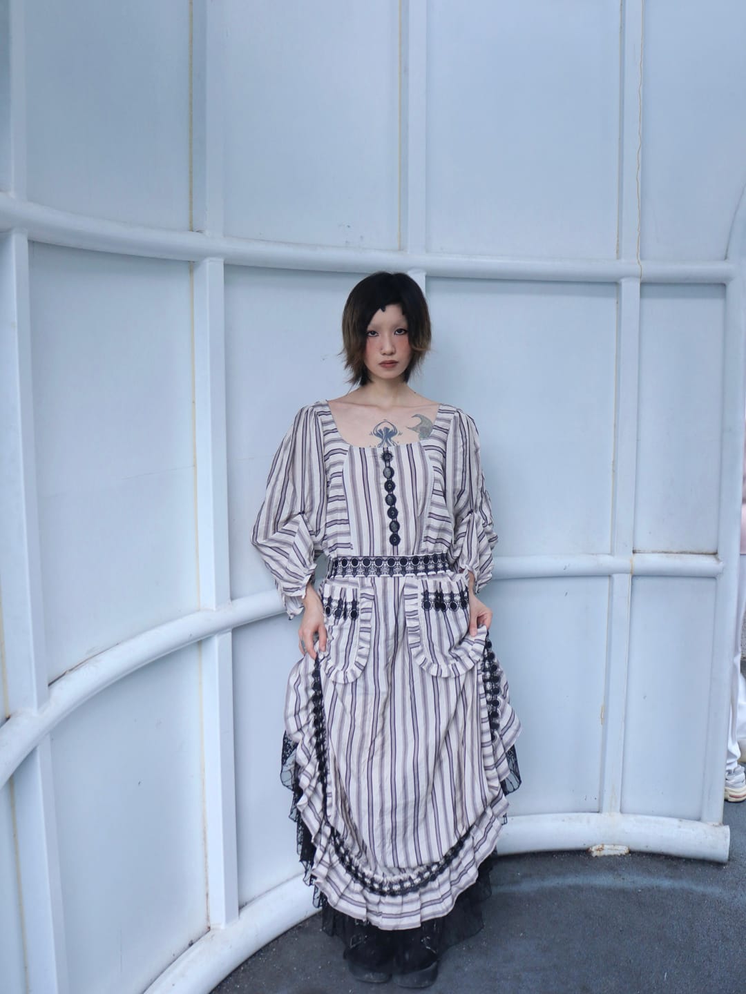 Customer photo review of DOINDULGE Striped Square-Neck Fitted Waist Dress with Lace Trim