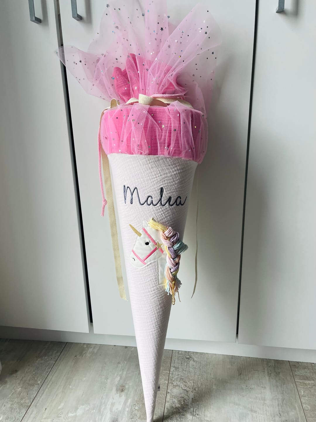 Customer photo review of Schultüte Musselin EINHORN KOPF mit Wollmähne  | freie Farbwahl