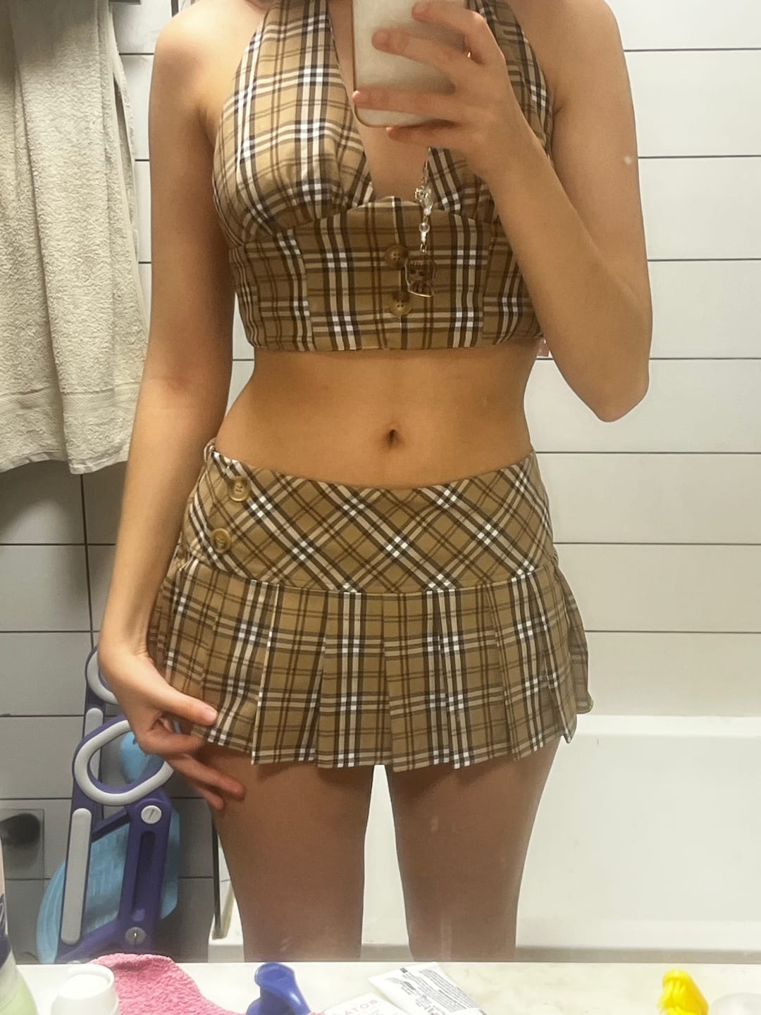 Customer photo review of Girly Plaid Pleated Mini Skirt (Khaki)