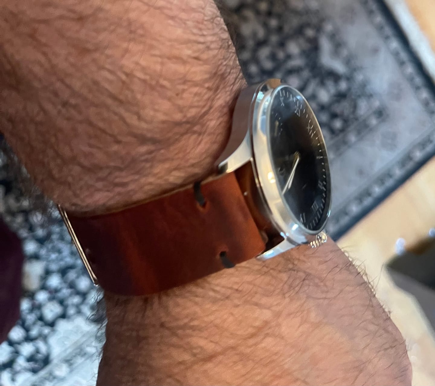 Customer photo review of Horween English Tan Dublin Leather Watch Strap, Black Thread