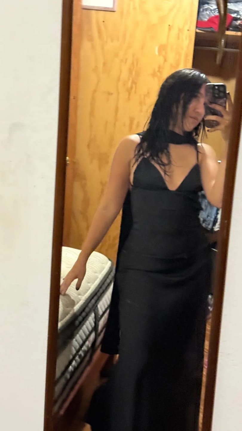 Customer photo review of Astraea Satin Maxi Dress with Scarf
