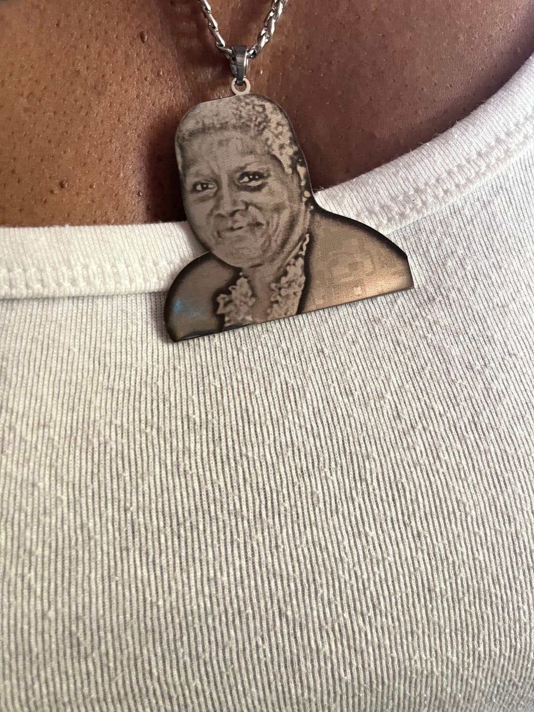Customer photo review of Custom Photo Engraved Pendant Necklace