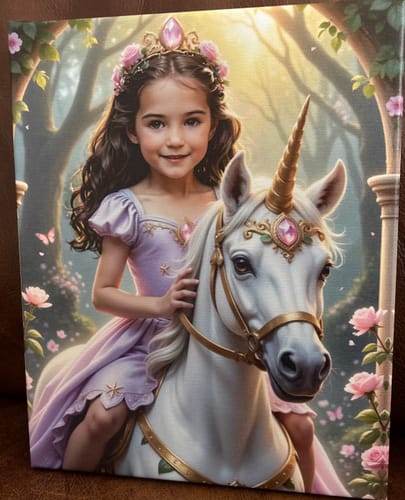Customer's canvas print of 'The Lavender Unicorn Princess' featuring a girl in a lavender dress riding a white unicorn.