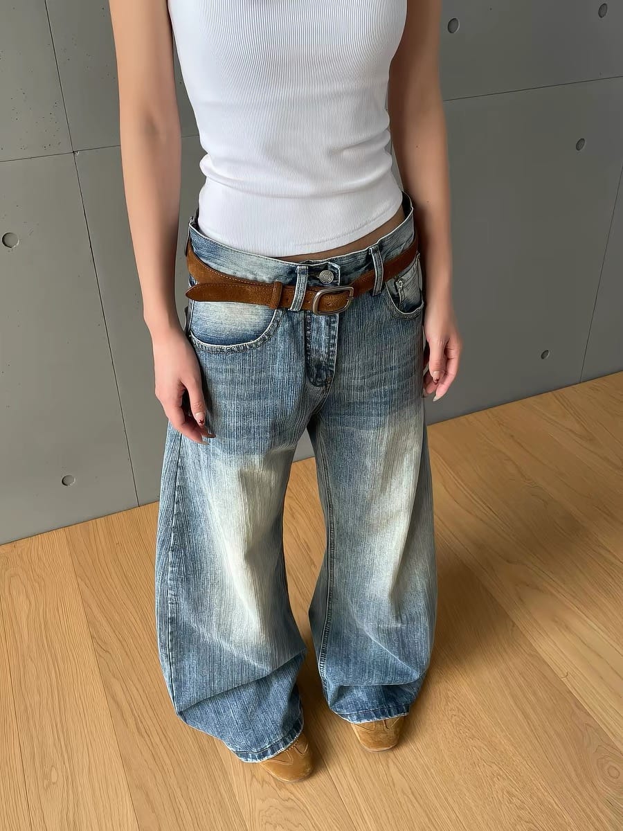 Customer photo review of Washed  Bamboo Weave Baggy Bootcut Jeans | Inflation Streetwear