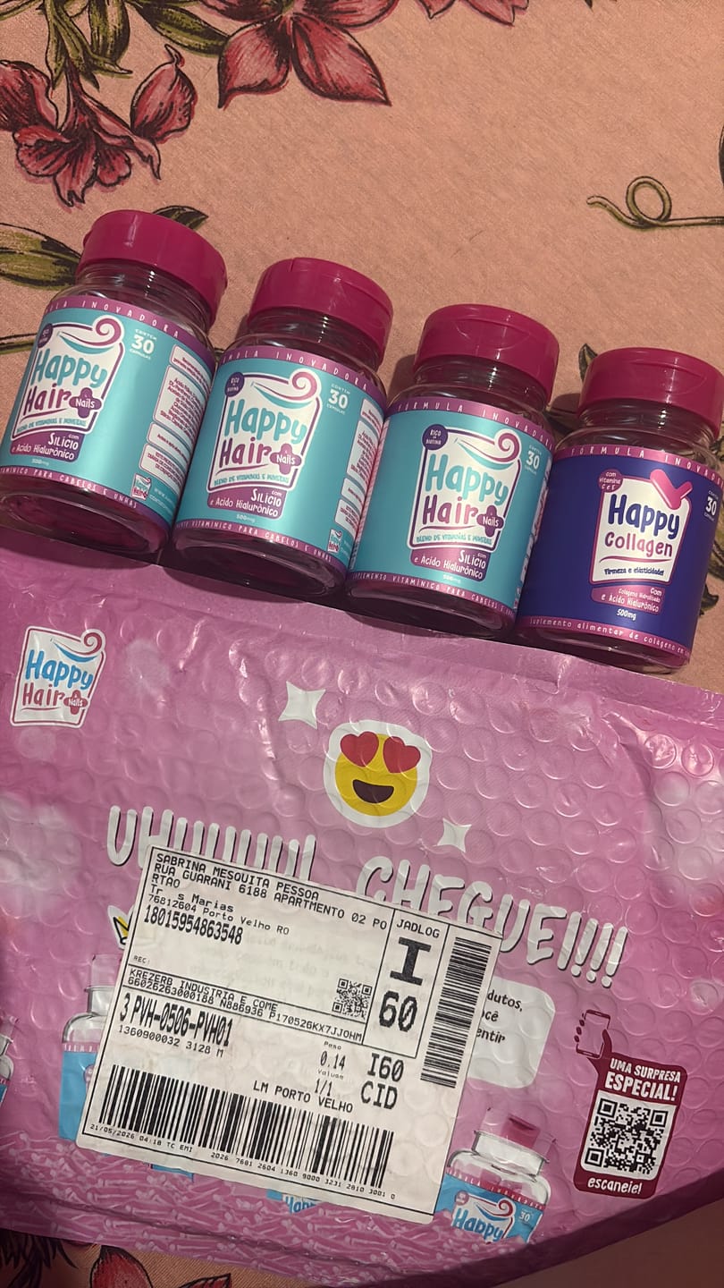 Customer photo review of Happy Hair 3 Potes + 1 Colágeno Grátis