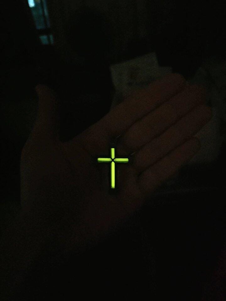 Customer photo review of Cyber Tritium Cross Pendant