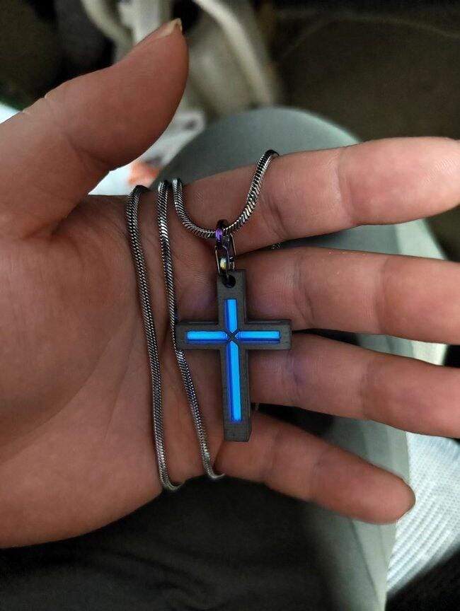 Customer photo review of Cyber Tritium Cross Pendant