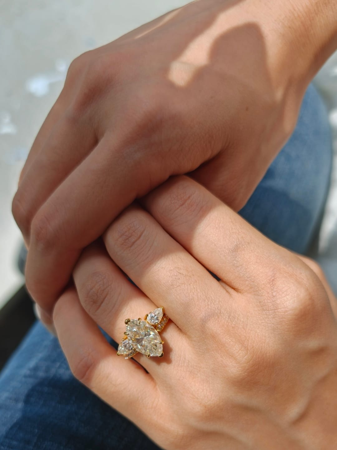 Customer photo review of S925 Moissanite 3.0Ct~4.0Ct Marquise/Oval Cut Yellow Gold Wedding Ring with Pear Cut Wedding Band