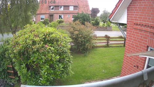 Ein Kunde zeigt seinen grünen Rasen in einem Garten nach der Anwendung von RASENBLITZ™ Frühjahrsdünger.