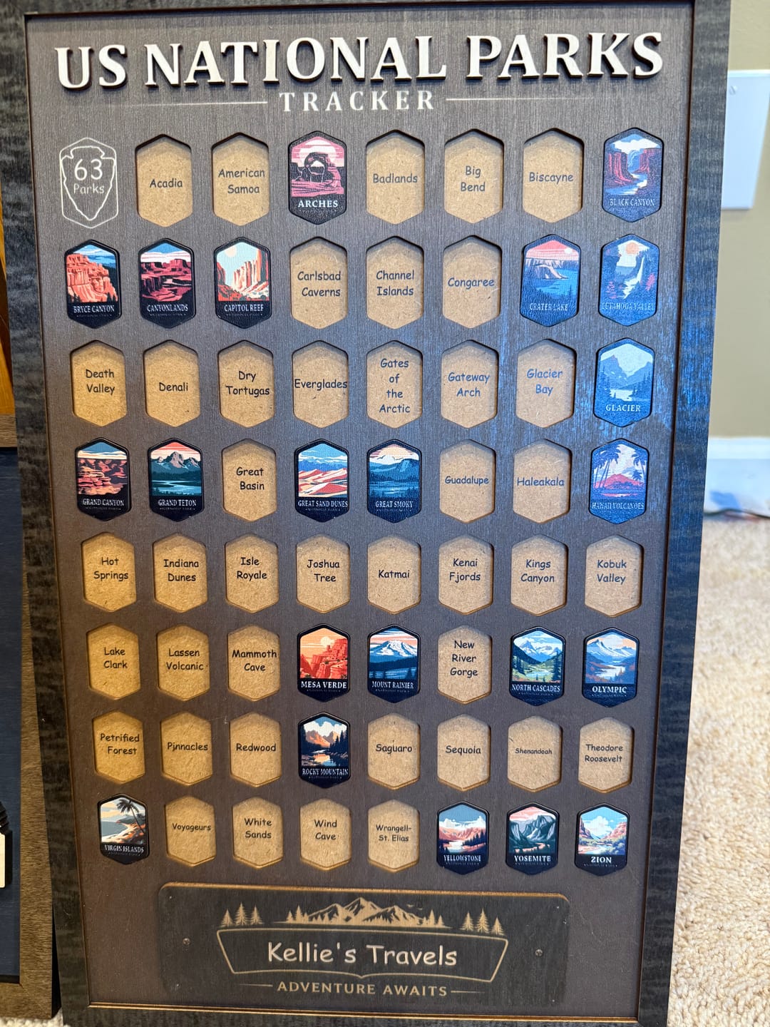 Customer photo review of USA National Parks Travel Tracker - A Handcrafted Wooden Board to Track All 63 National Parks
