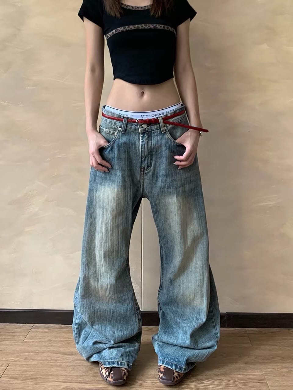 Customer photo review of Washed  Bamboo Weave Baggy Bootcut Jeans | Inflation Streetwear