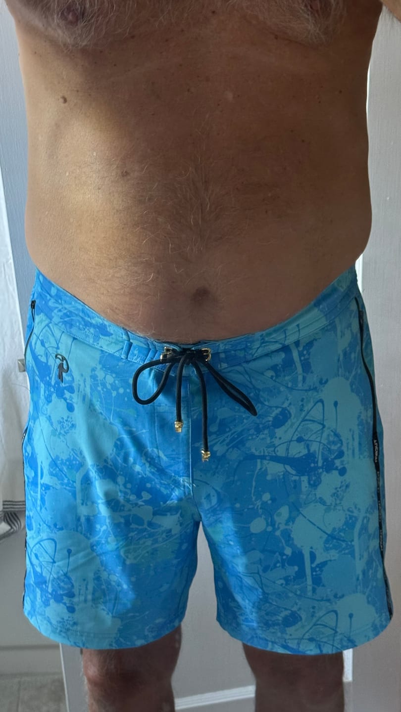 Customer photo review of Splatter Swim Shorts Blue - 7"