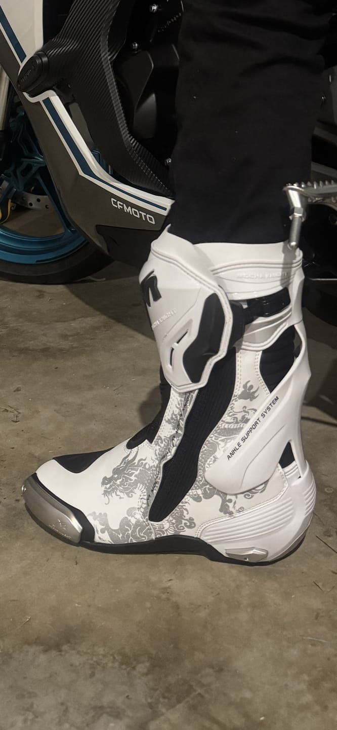 Customer photo review of White Motorcycle Boots – Silver Dragon Edition