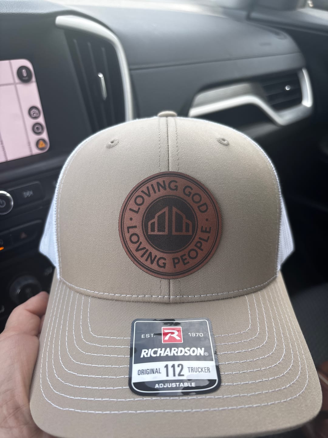Customer photo review of Custom Leather Patch Trucker Hat - Richardson 112
