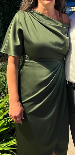 Customer photo review of Rayna One Shoulder Draped Dress in Green by Theia Couture - RENTAL
