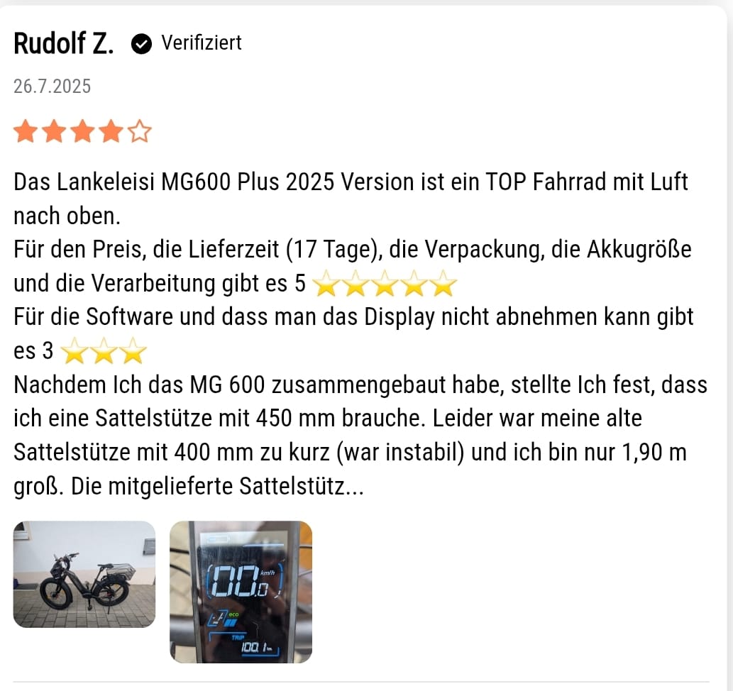 Customer photo review of Lankeleisi MG600 Plus 26" Fat Bike 960Wh All Terrain SUV E-Bike with Switchable Sensor 48V 20Ah Battery