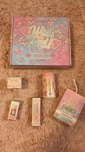 Customer's What A Treat! Bubblegum Bundle, with the box and products displayed on a fluffy pink surface.