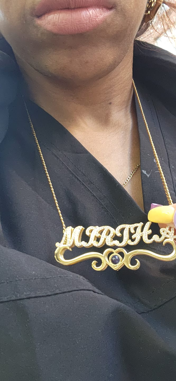 Customer photo review of Double Plated Iced Heart Photo Name Necklace w/ Cuban Chain